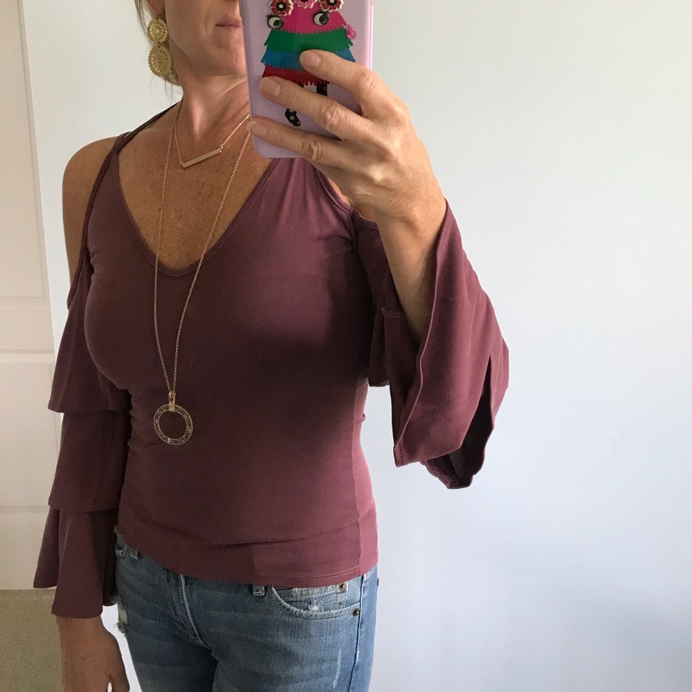 Plum Color Ruffle Bell Sleeve Top - Picture 4 of 8